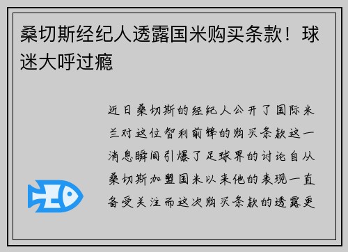 桑切斯经纪人透露国米购买条款！球迷大呼过瘾