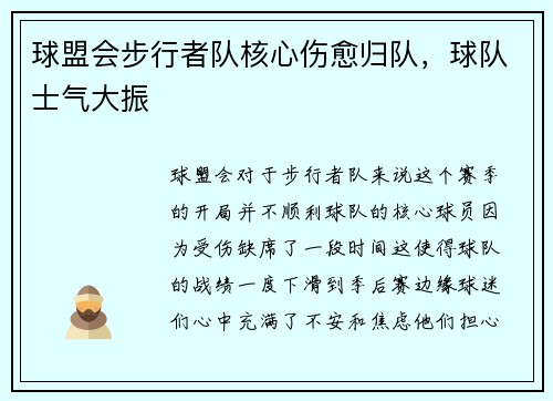 球盟会步行者队核心伤愈归队，球队士气大振